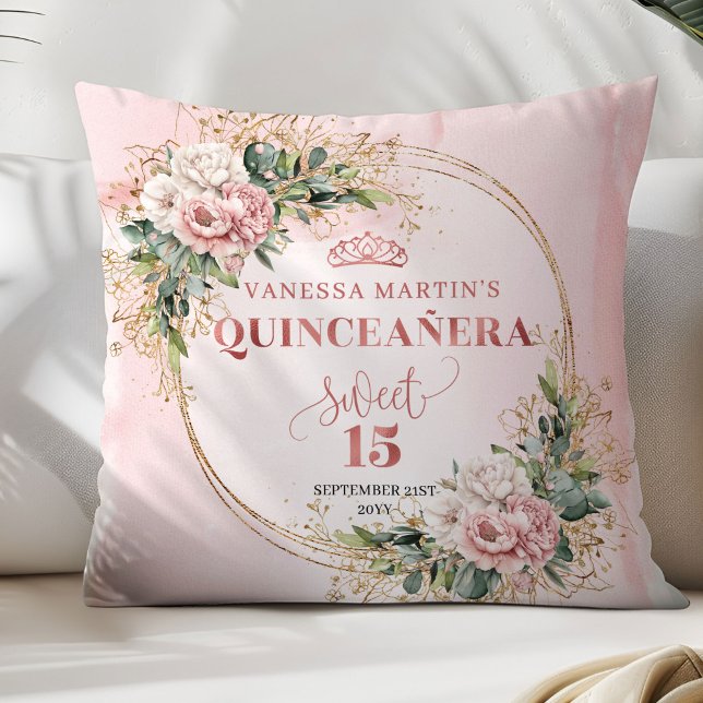 Blush Pink Flowers Eucalyptus Quinceañera Gift   Throw Pillow (Blush Pink Flowers Eucalyptus Quinceañera Gift Pillow)