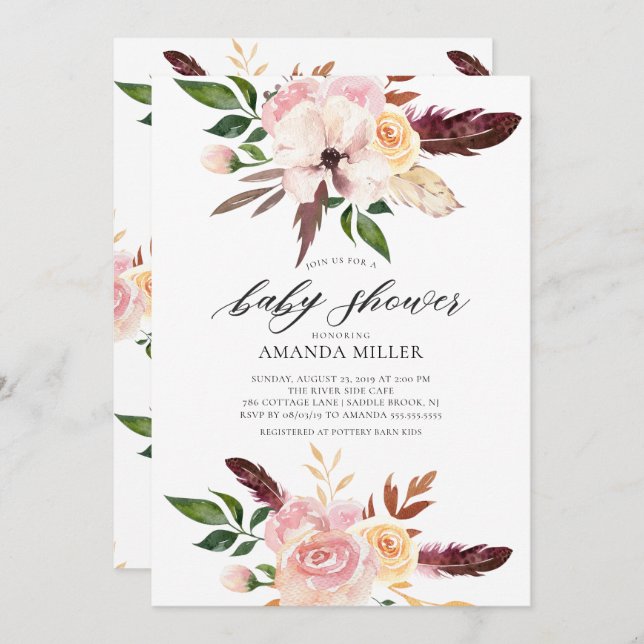 Blush Pink Flowers Feathers Baby Shower Invitation (Front/Back)