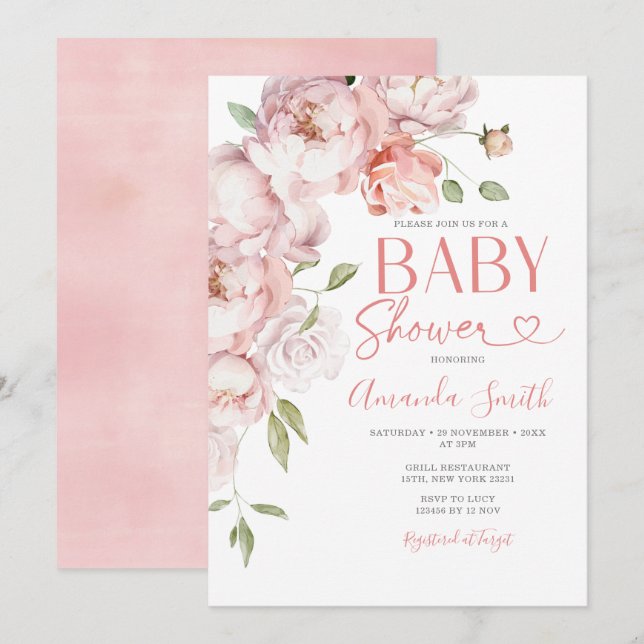 Blush Pink Flowers Girl Baby Shower Greenery Invitation (Front/Back)