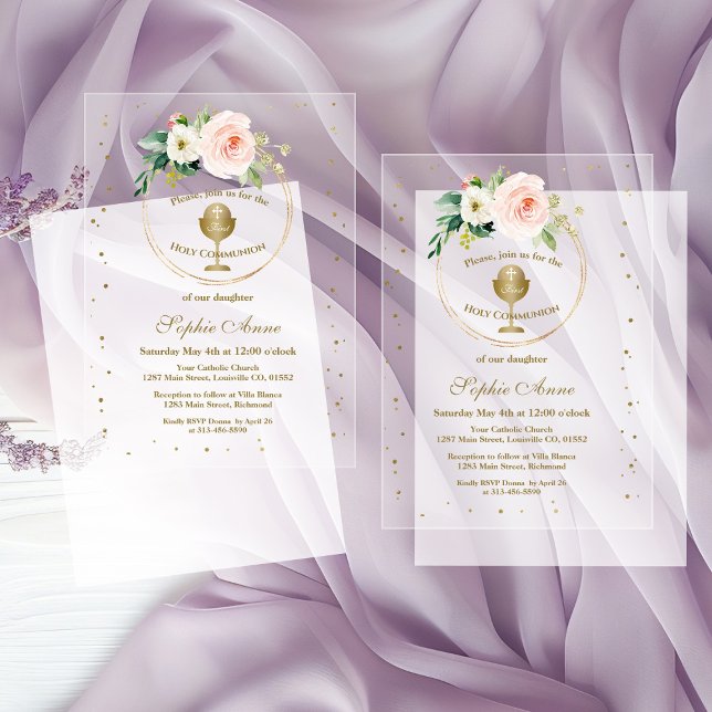 Blush Pink Flowers Gold Girl First Holy Communion Acrylic Invitations (Creator Uploaded)