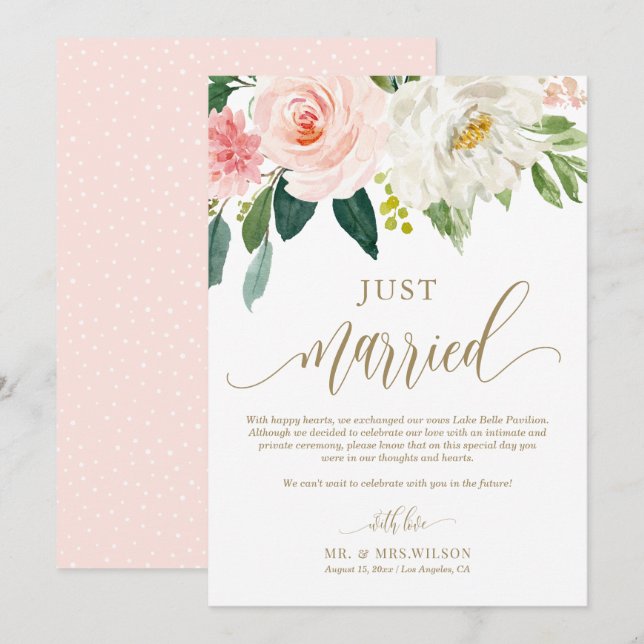 Blush Pink Flowers Gold Just Married Wedding Announcement (Front/Back)
