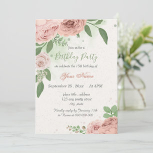 blush pink flowers green leaves birthday invitation