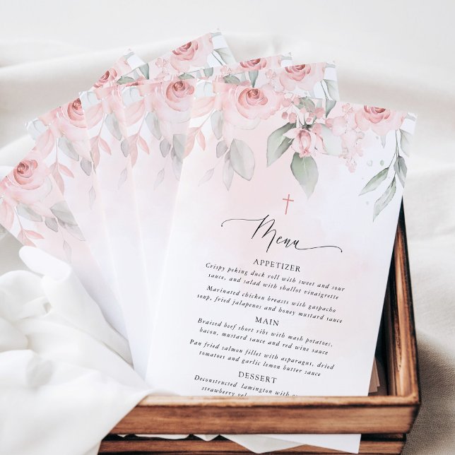Blush Pink Flowers, Greenery, Boho, Baptism Menu (Créateur téléchargé)