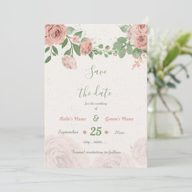 blush pink flowers greenery botanical save the date (Standing Front)