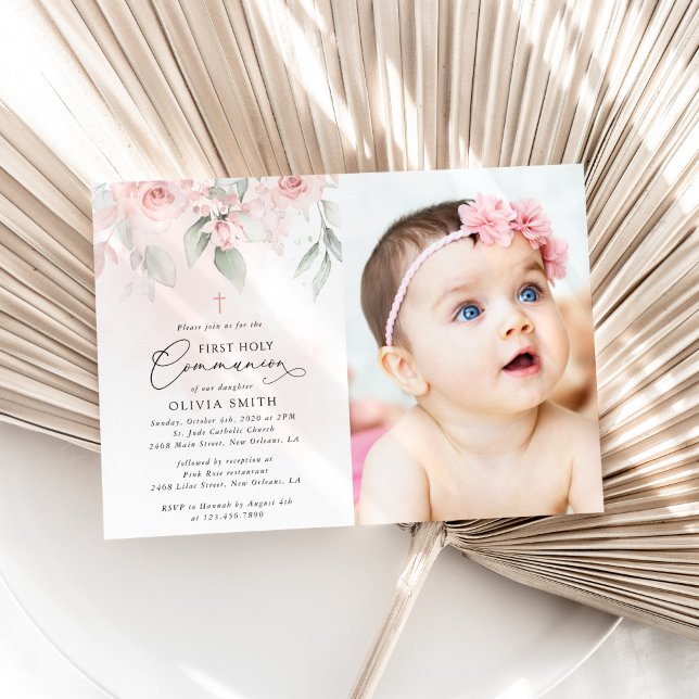Blush Pink Flowers, Greenery, First Holy Communion Invitation (Creator Uploaded)
