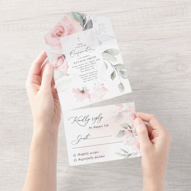 Blush Pink Flowers, Greenery, Floral Confirmation All In One Invitation (Tearaway)