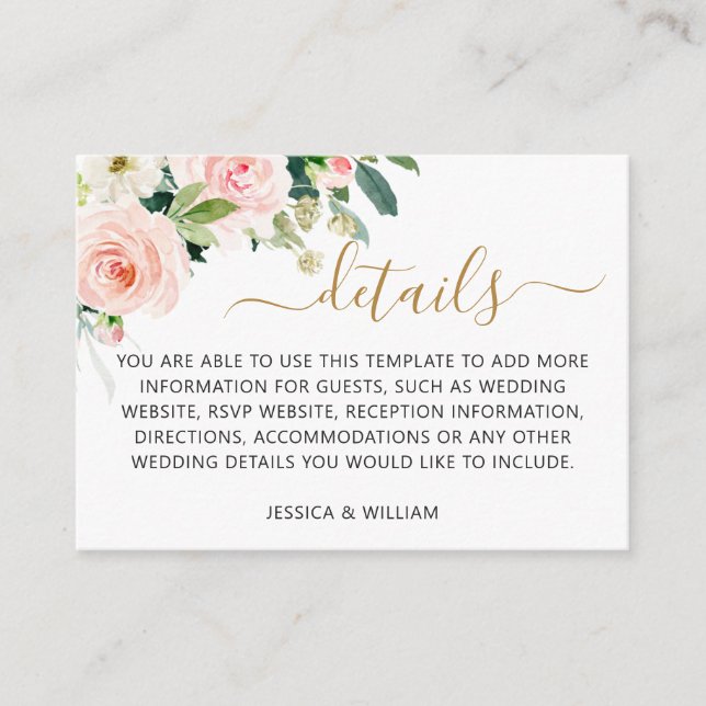 Blush Pink Flowers Greenery Floral Wedding Details Enclosure Card (Front)