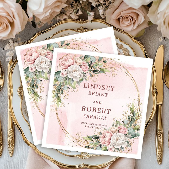 Blush Pink Flowers Greenery Gold Glitter Wedding  Napkin (Blush Pink Flowers Greenery Gold Glitter Wedding Napkins)