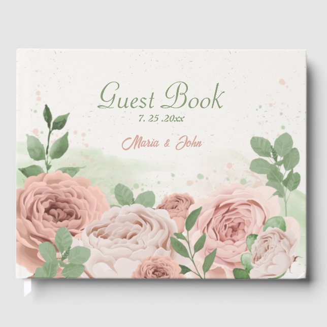 blush pink flowers greenery wedding guest book (Front)