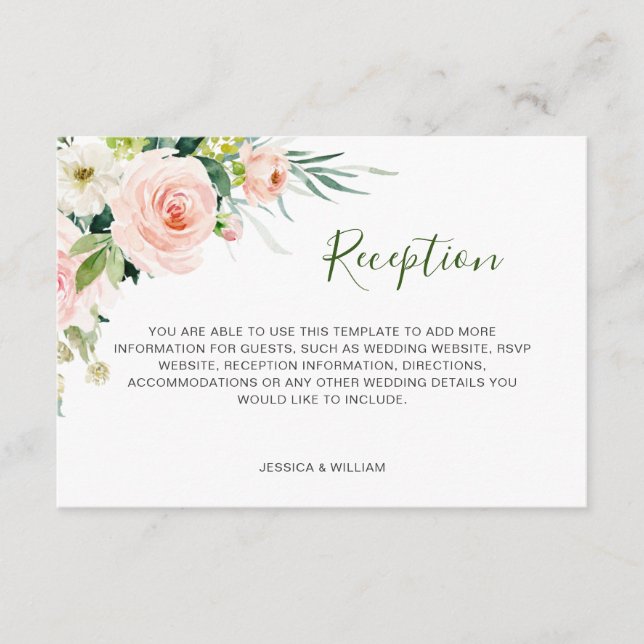 Blush Pink Flowers Greenery Wedding Reception Enclosure Card (Front)