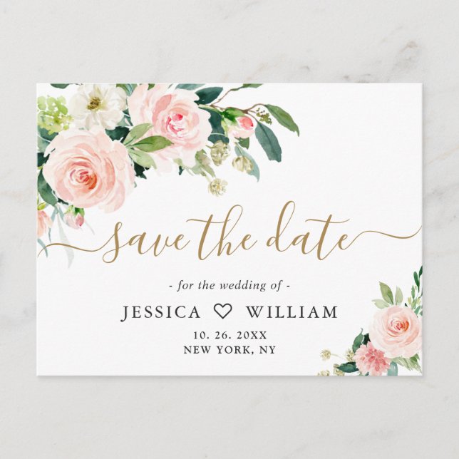 Blush Pink Flowers Greenery Wedding Save the Date Postcard (Front)