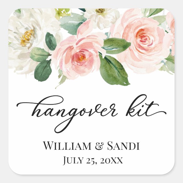 Blush pink flowers hangover kit favour labels (Front)