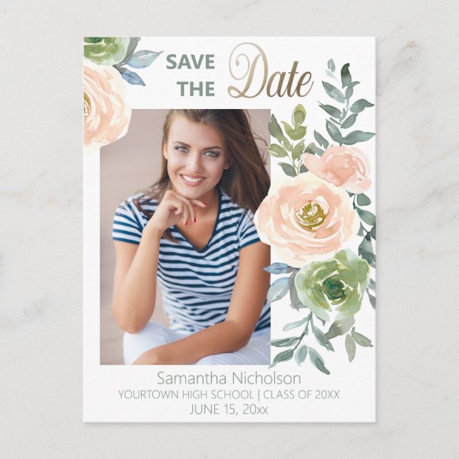 Blush Pink Flowers Leaves White Graduation Photo Postcard (Front)