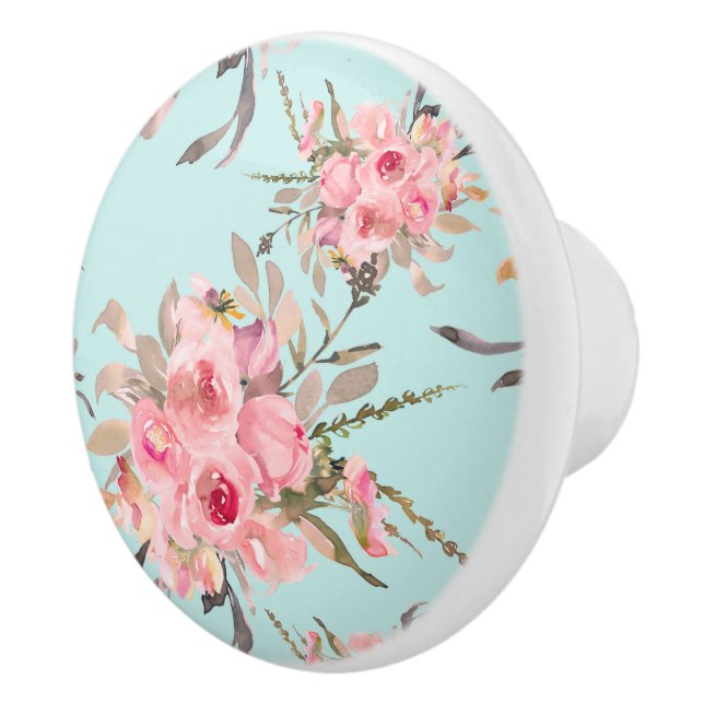Blush Pink Flowers on Light Blue Ceramic Knob (Right)