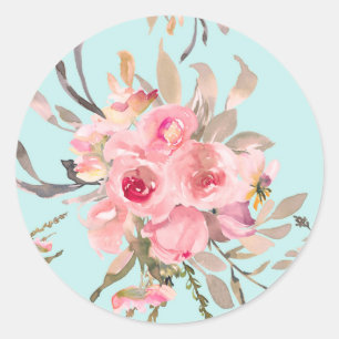 Blush Pink Flowers on Light Blue Classic Round Sticker
