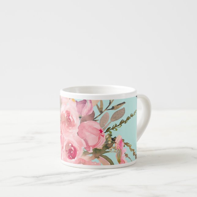 Blush Pink Flowers on Light Blue Espresso Cup (Front Right)