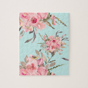 Blush Pink Flowers on Light Blue Jigsaw Puzzle