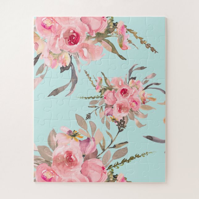 Blush Pink Flowers on Light Blue Jigsaw Puzzle (Vertical)