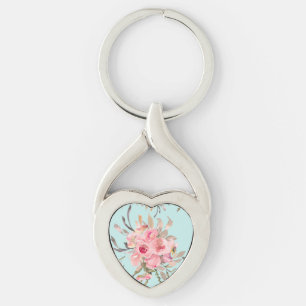 Blush Pink Flowers on Light Blue Keychain