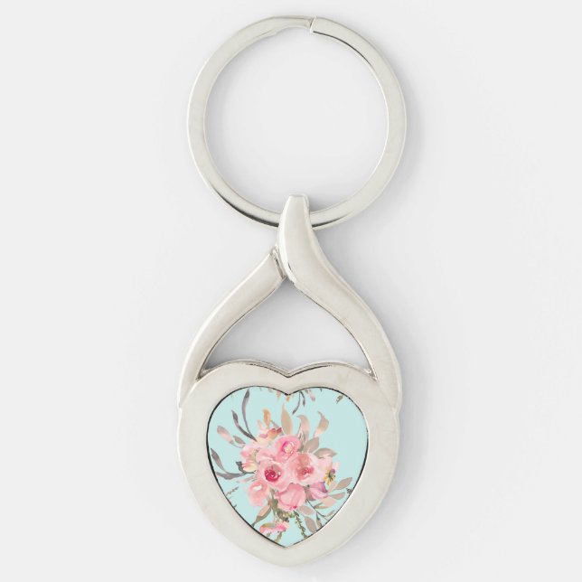 Blush Pink Flowers on Light Blue Keychain (Front)