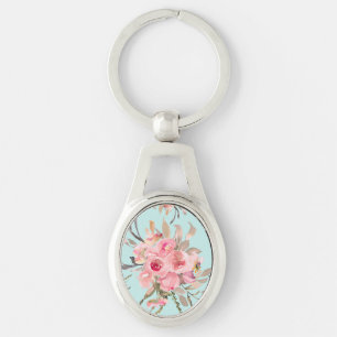 Blush Pink Flowers on Light Blue Keychain