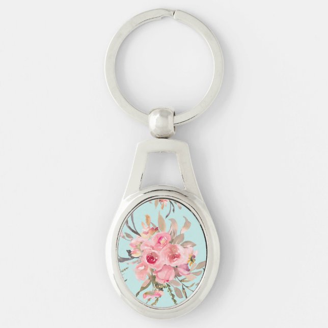 Blush Pink Flowers on Light Blue Keychain (Front)