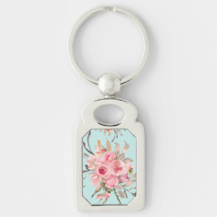 Blush Pink Flowers on Light Blue Keychain