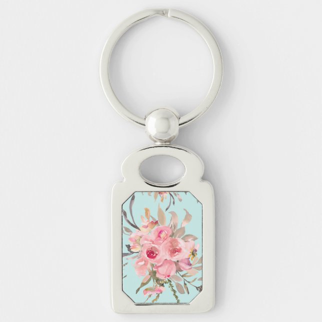 Blush Pink Flowers on Light Blue Keychain (Front)