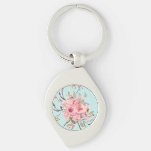 Blush Pink Flowers on Light Blue Keychain