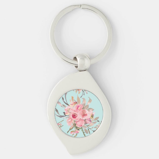 Blush Pink Flowers on Light Blue Keychain (Front)