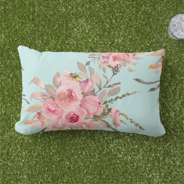 Blush Pink Flowers on Light Blue Lumbar Pillow (Grass)