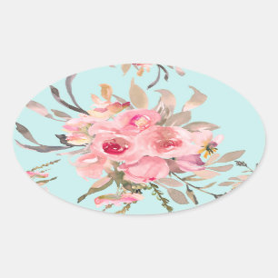 Blush Pink Flowers on Light Blue Oval Sticker