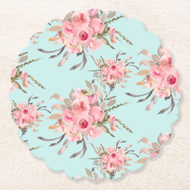 Blush Pink Flowers on Light Blue Paper Coaster (Front)