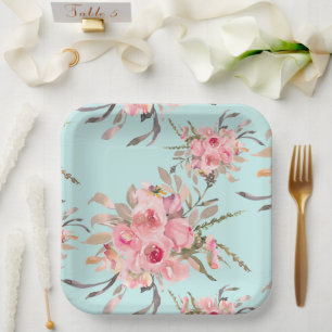 Blush Pink Flowers on Light Blue Paper Plate