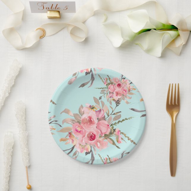 Blush Pink Flowers on Light Blue Paper Plate (Wedding)