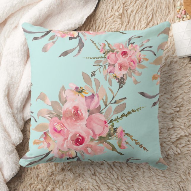Blush Pink Flowers on Light Blue Throw Pillow (Blanket)