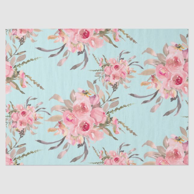 Blush Pink Flowers on Light Blue Tissue Paper (Front)