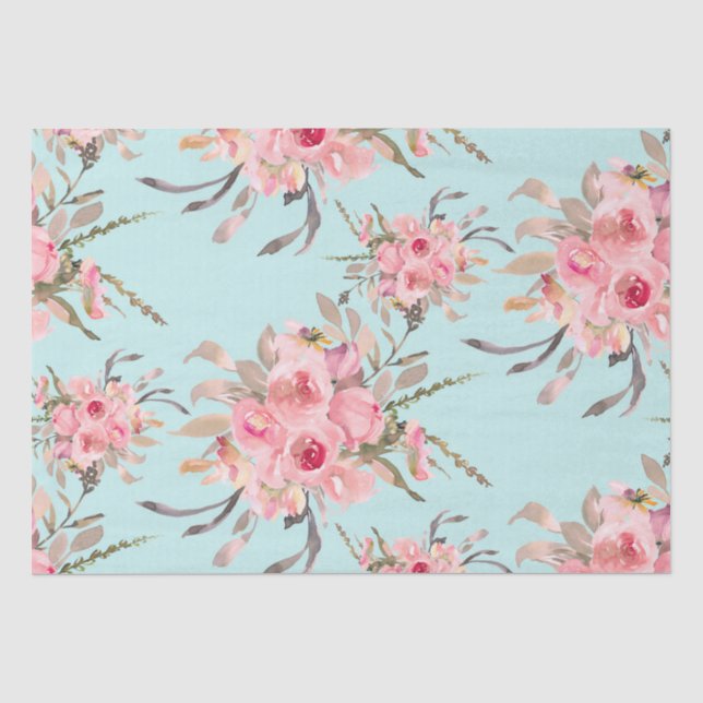 Blush Pink Flowers on Light Blue Tissue Paper (Front)
