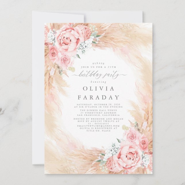 Blush Pink Flowers Pampas Grass Birthday Invitation (Front)