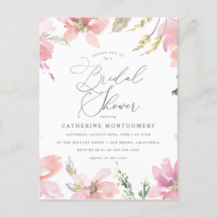 Blush Pink Flowers & Silver Script Bridal Shower Invitation Postcard