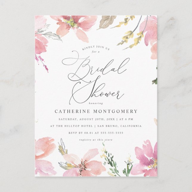 Blush Pink Flowers & Silver Script Bridal Shower Invitation Postcard (Front)