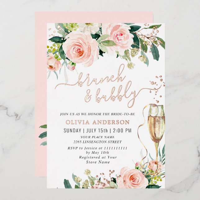 Blush Pink Flowers Watercolor Bridal Brunch Gold (Front/Back)