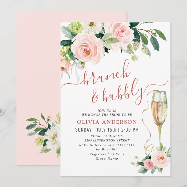 Blush Pink Flowers Watercolor Bridal Brunch Invitation (Front/Back)