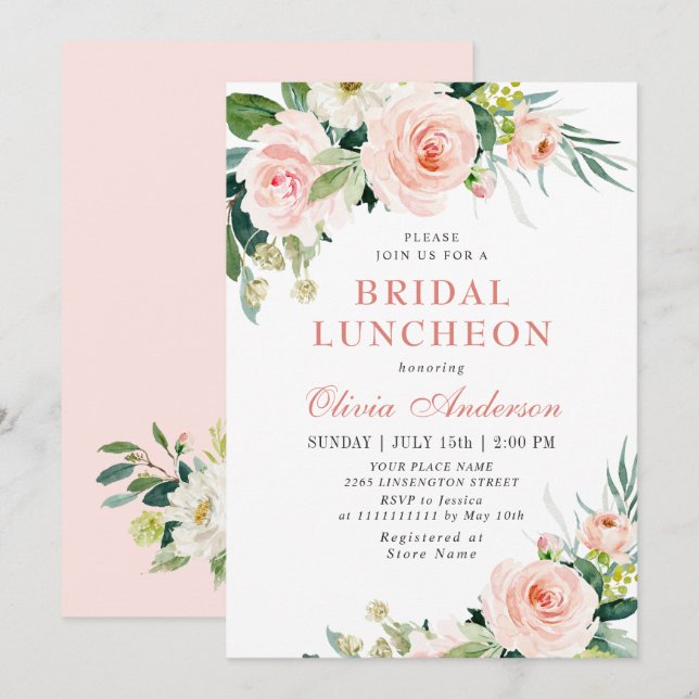 Blush Pink Flowers Watercolor Bridal Luncheon Invitation (Front/Back)