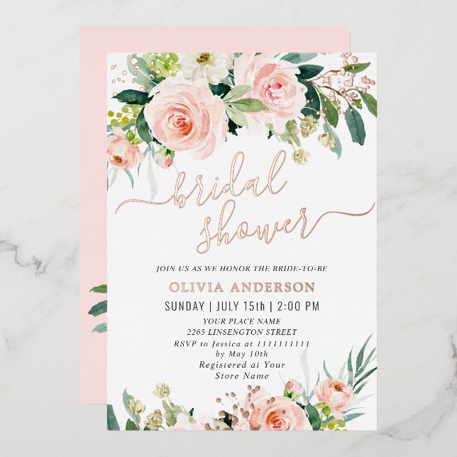 Blush Pink Flowers Watercolor Bridal Shower Gold (Front/Back)