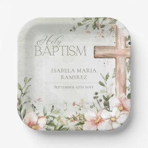 Blush pink flowers wooden cross baptism green paper plate