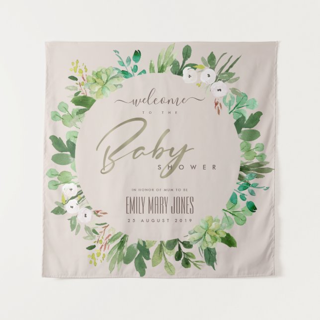 BLUSH PINK FOLIAGE WATERCOLOR BABY SHOWER WELCOME TAPESTRY (Front)