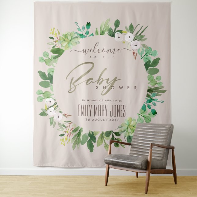 BLUSH PINK FOLIAGE WATERCOLOR  BABY SHOWER WELCOME TAPESTRY (In Situ)