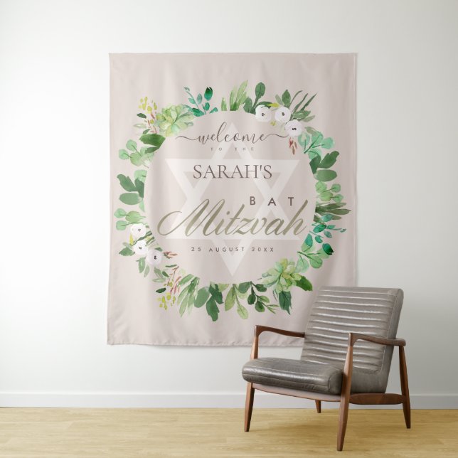 BLUSH PINK FOLIAGE WREATH STAR BAT MITZVAH WELCOME TAPESTRY (In Situ)