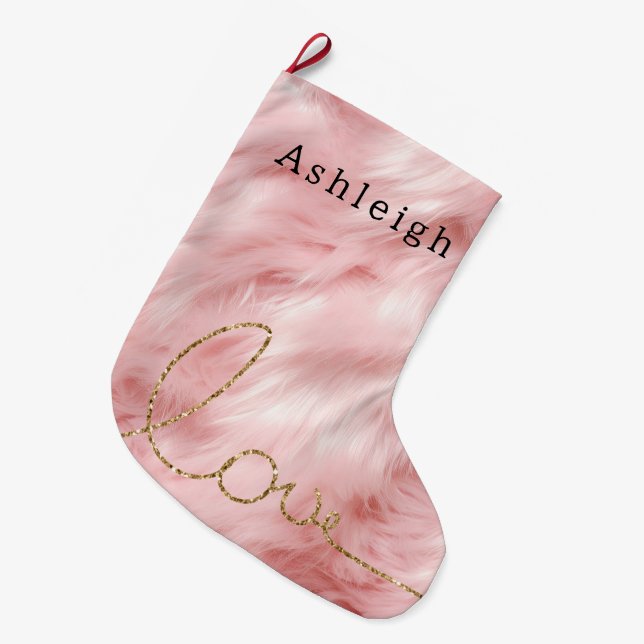 Blush Pink Fur Gold Glitter Love Large Christmas Stocking (Front (Hanging))